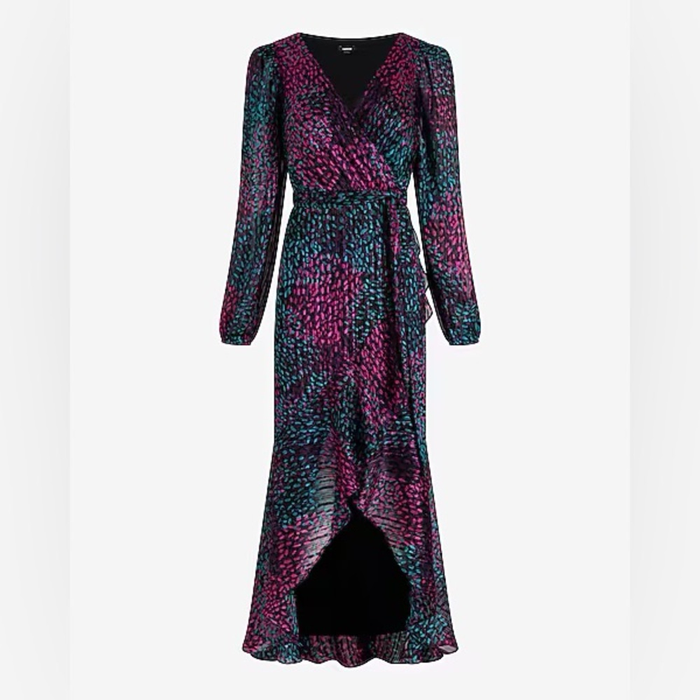 Express Printed Surplice Ruffle Hi-Lo Long Sleeve Maxi Dress sz M NWT